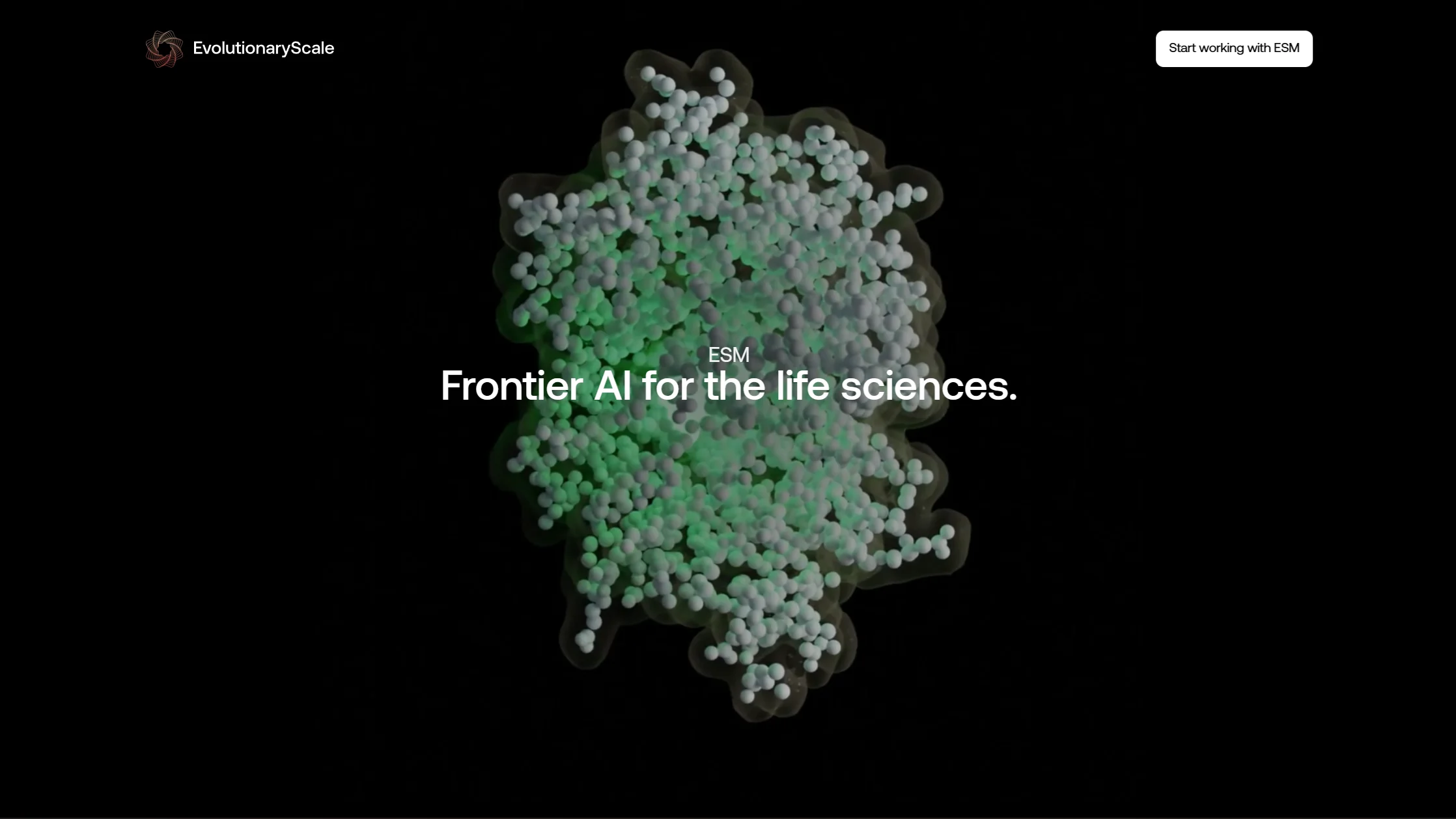 EvolutionaryScale landing page — ESM3 protein structure, space-filling model