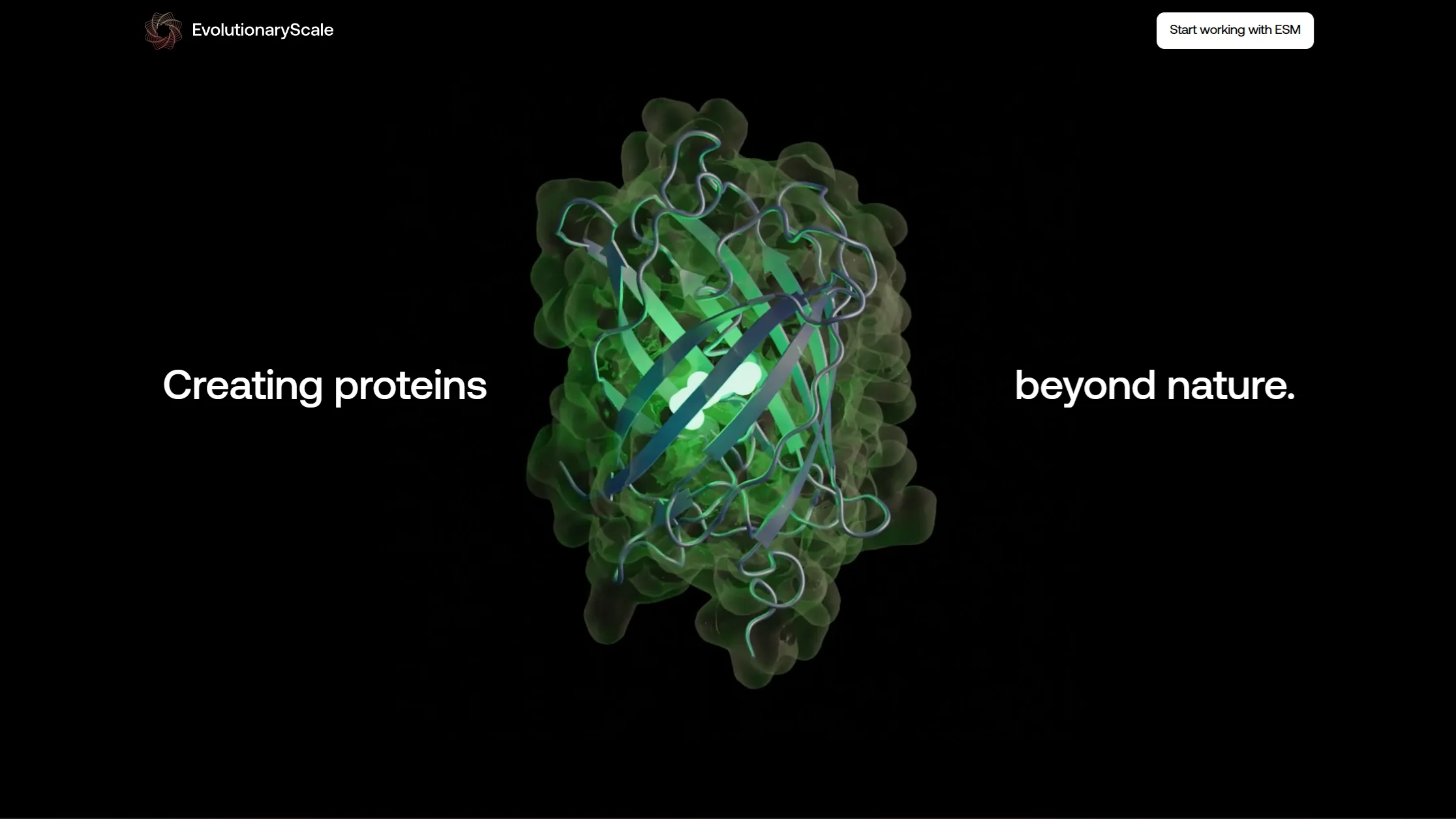 EvolutionaryScale landing page — protein with surface and ribbon rendering