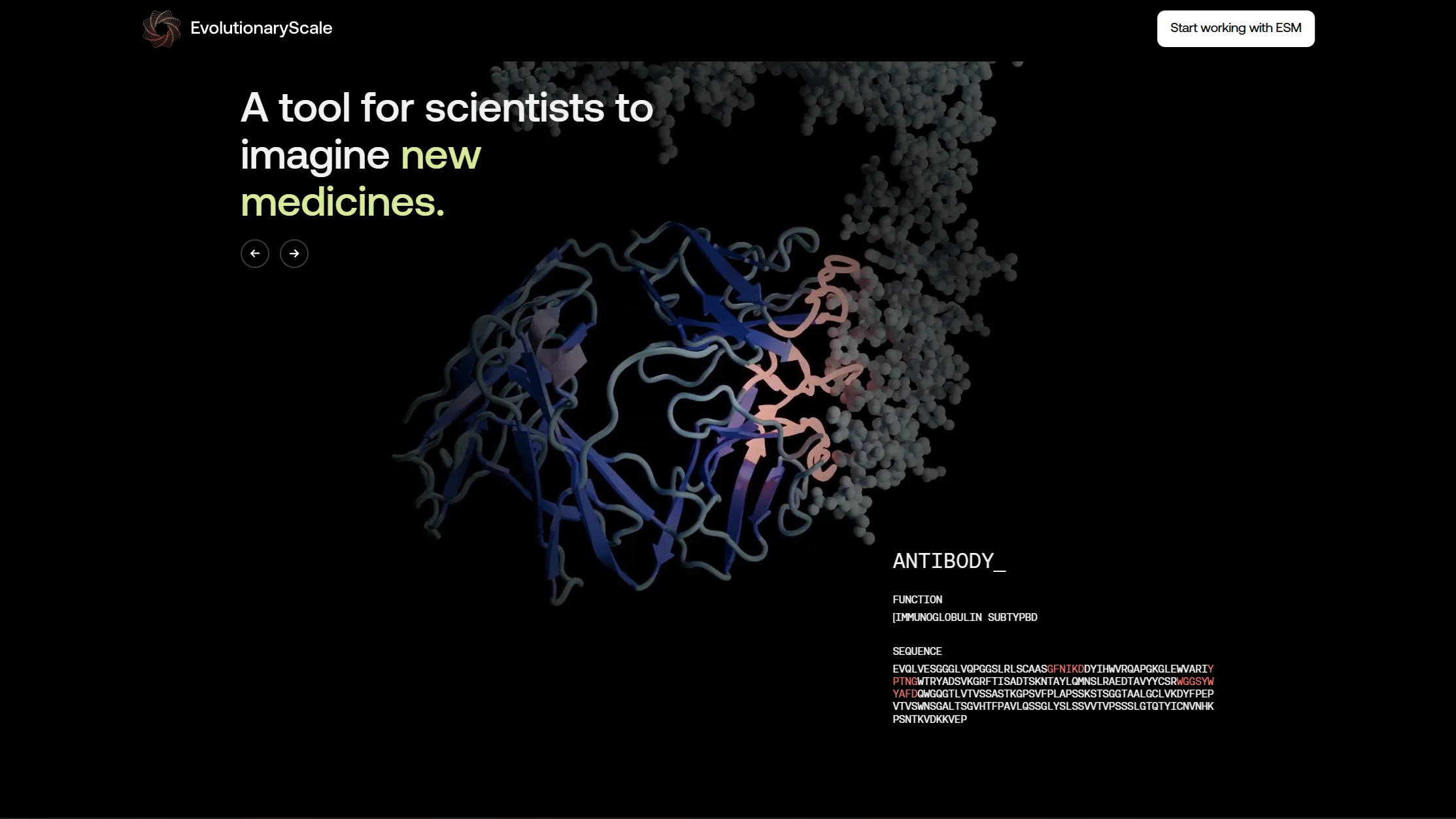 EvolutionaryScale landing page — antibody structure render