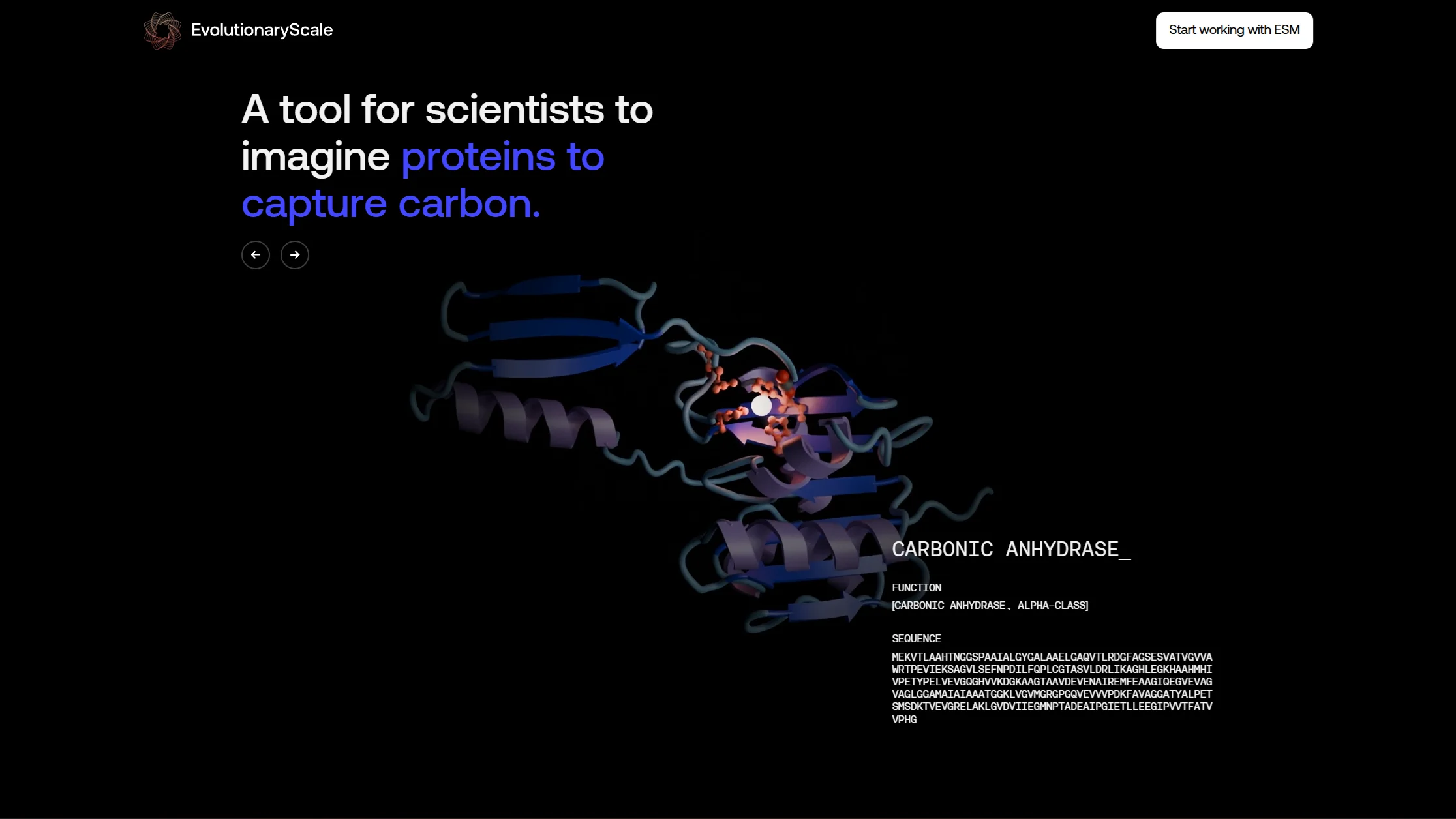 EvolutionaryScale landing page — carbonic anhydrase with helices